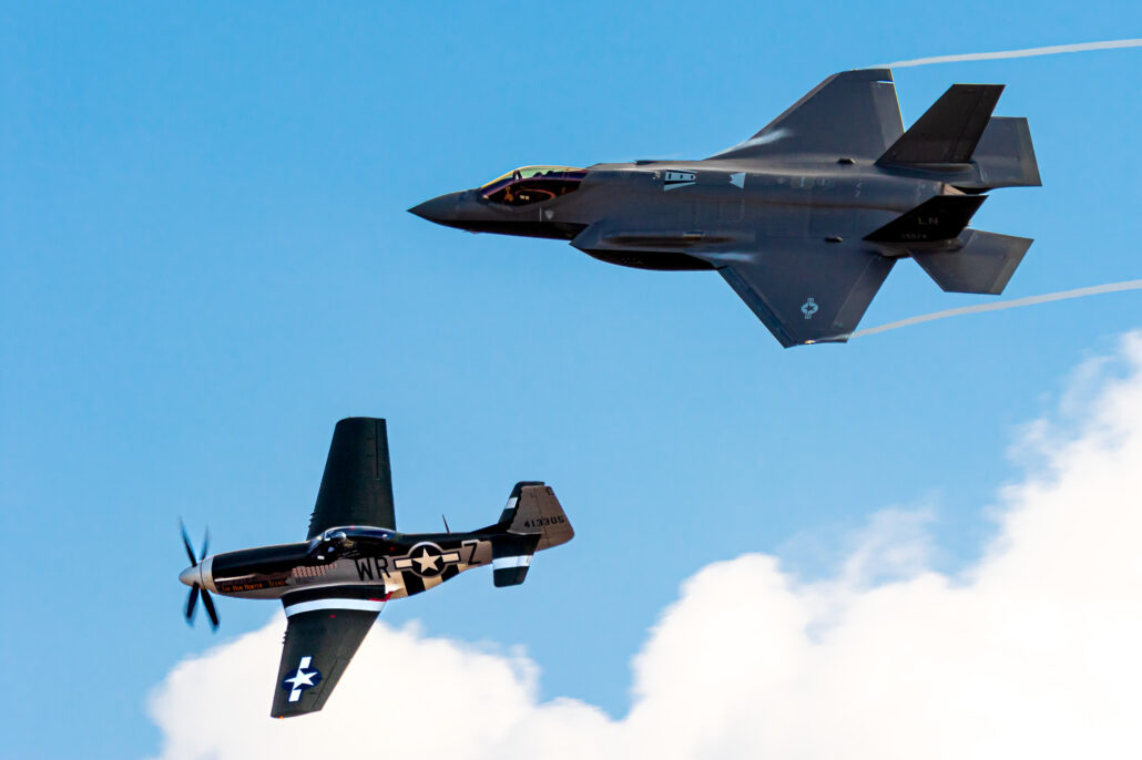 The US Air Force Heritage Flight with a F-35 Lightning II and a P-51 Mustang