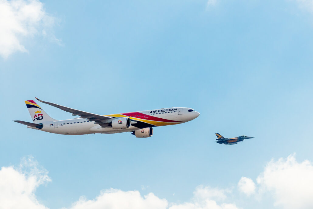 A Belgian Air Force F-16 from 31SQN escorting an Airbus A330 from Air Belgium